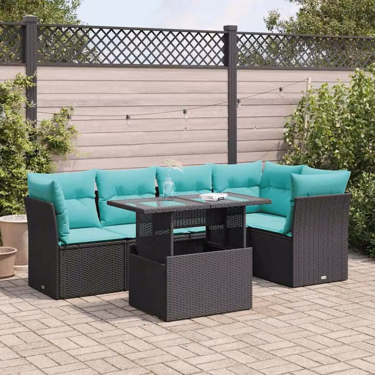 Set Divano da Giardino vidaXL 6 pz a forma a U in Polyrattan e Legno di Acacia con Cuscini e Tavolino da Caffè Nero
