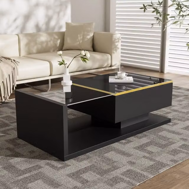 Tavolino basso fisso con LED dimmerabile a 16 colori; ripiani aperti; vetro temperato e nero lucido 100 × 50 × 32.5 cm