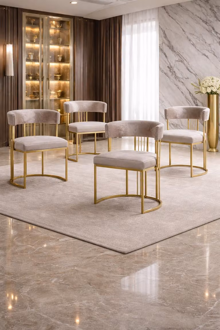 Set di quattro eleganti poltrone in velluto color champagne, con struttura in finitura dorata