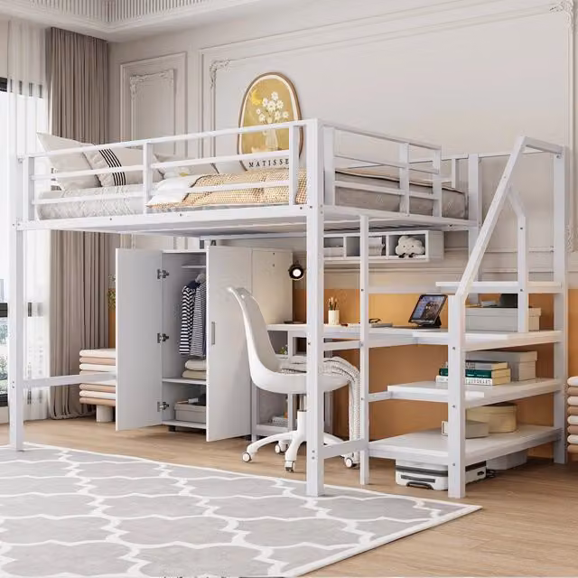 Letto a soppalco 140 x 200 cm con armadio, mensole, scaletta portaoggetti, scrivania, senza materasso - Bianco