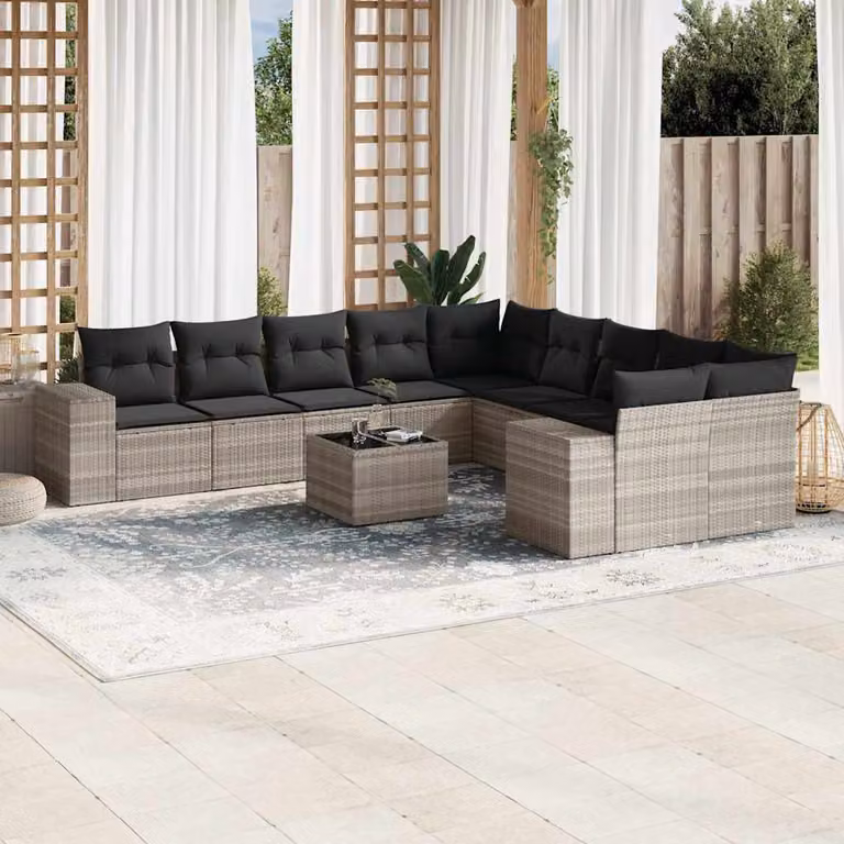 vidaXL Set Divani da Giardino 11 pz con Cuscini e Tavolino, Design Moderno a Forma di U, Colore Grigio