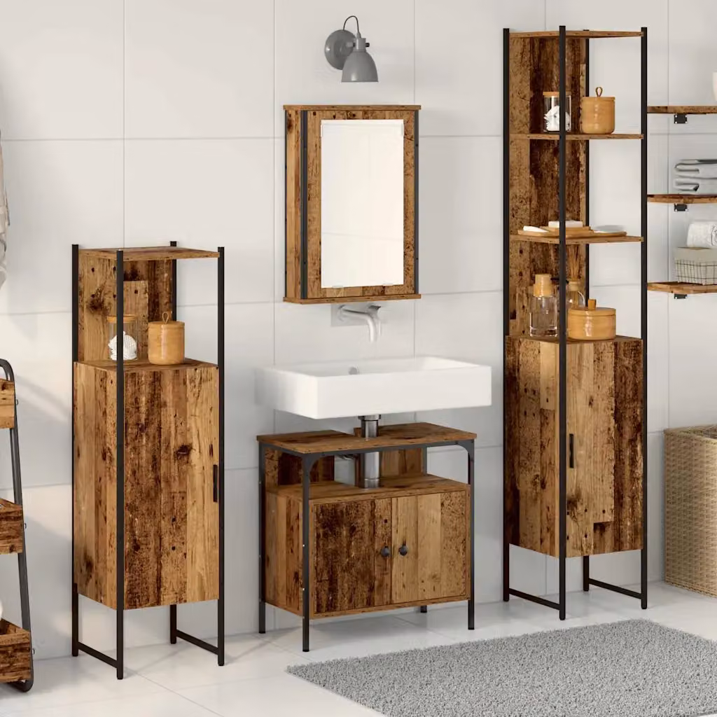 Set di mobili per il bagno moderno vidaXL in legno e metallo, 4 pezzi, marrone e nero
