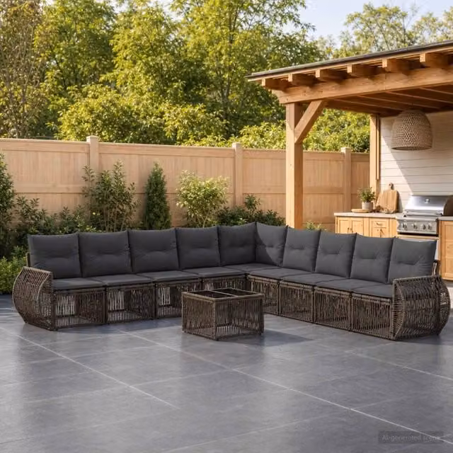 Set Divano da Giardino vidaXL 10 Pezzi a Forma di U in Polyrattan Grigio e Antracite con Cuscini e Tavolino – 1
