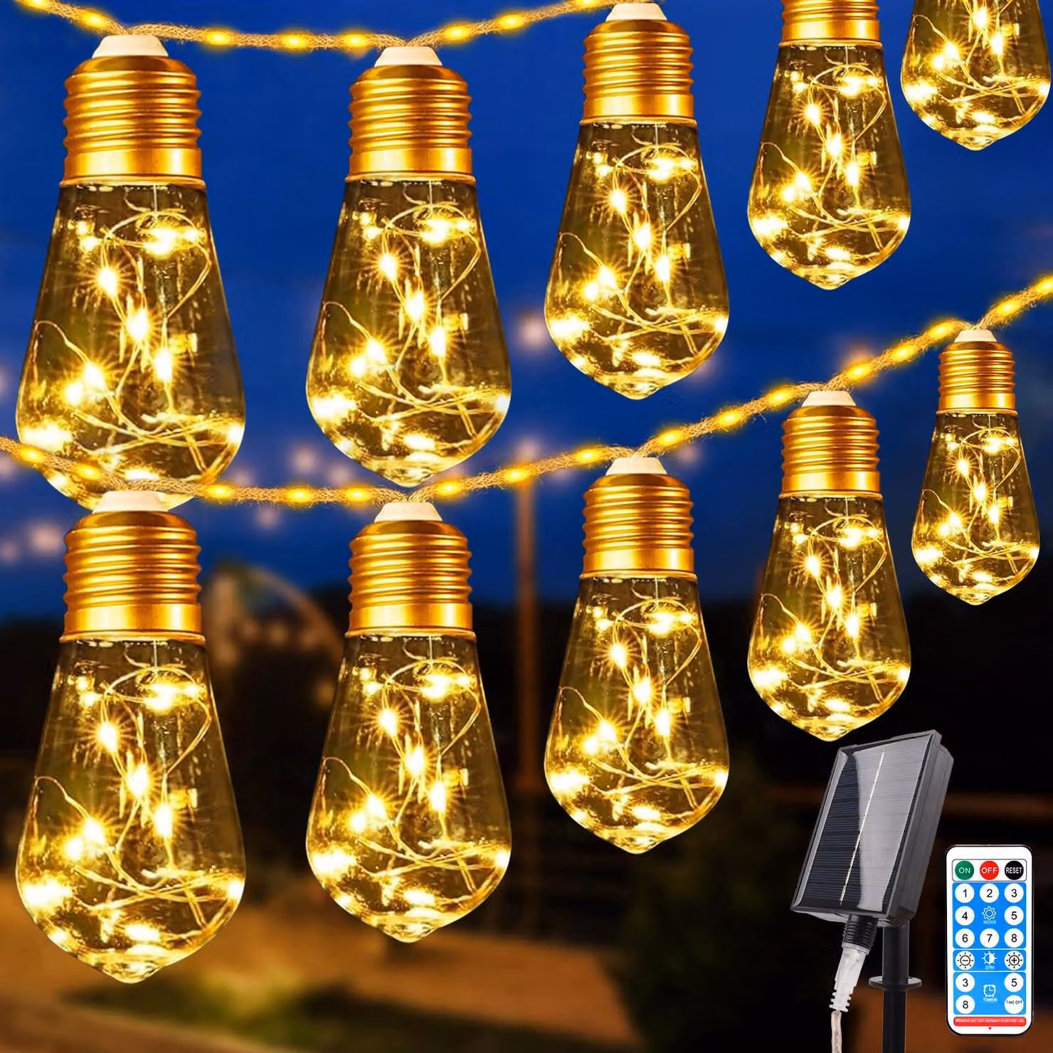 Catena luminosa solare, 5 metri, 149 LED, cavo in canapa, grado di protezione IP65, 10 lampadine, 8 modalità