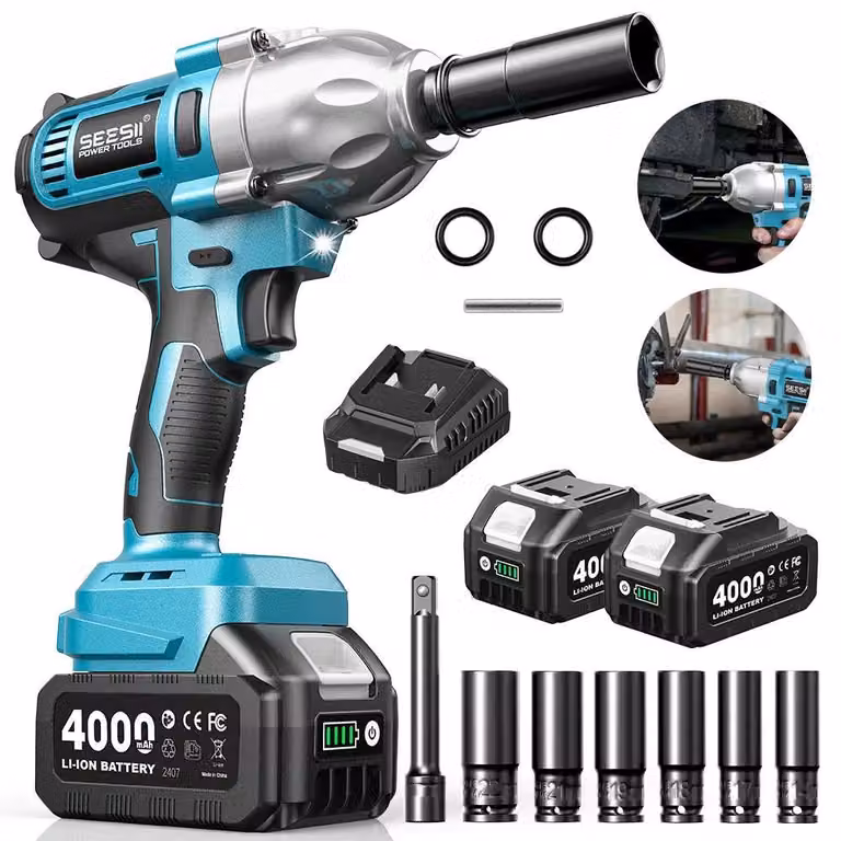 Avvitatore a impulsi a batteria da 900 Nm - Avvitatore a impulsi con attacco da 1,27 cm - Motore brushless - 2 batterie da 4,0 Ah - 3 velocità - Luce LED - 6 inserti - Set completo con 2 batterie
