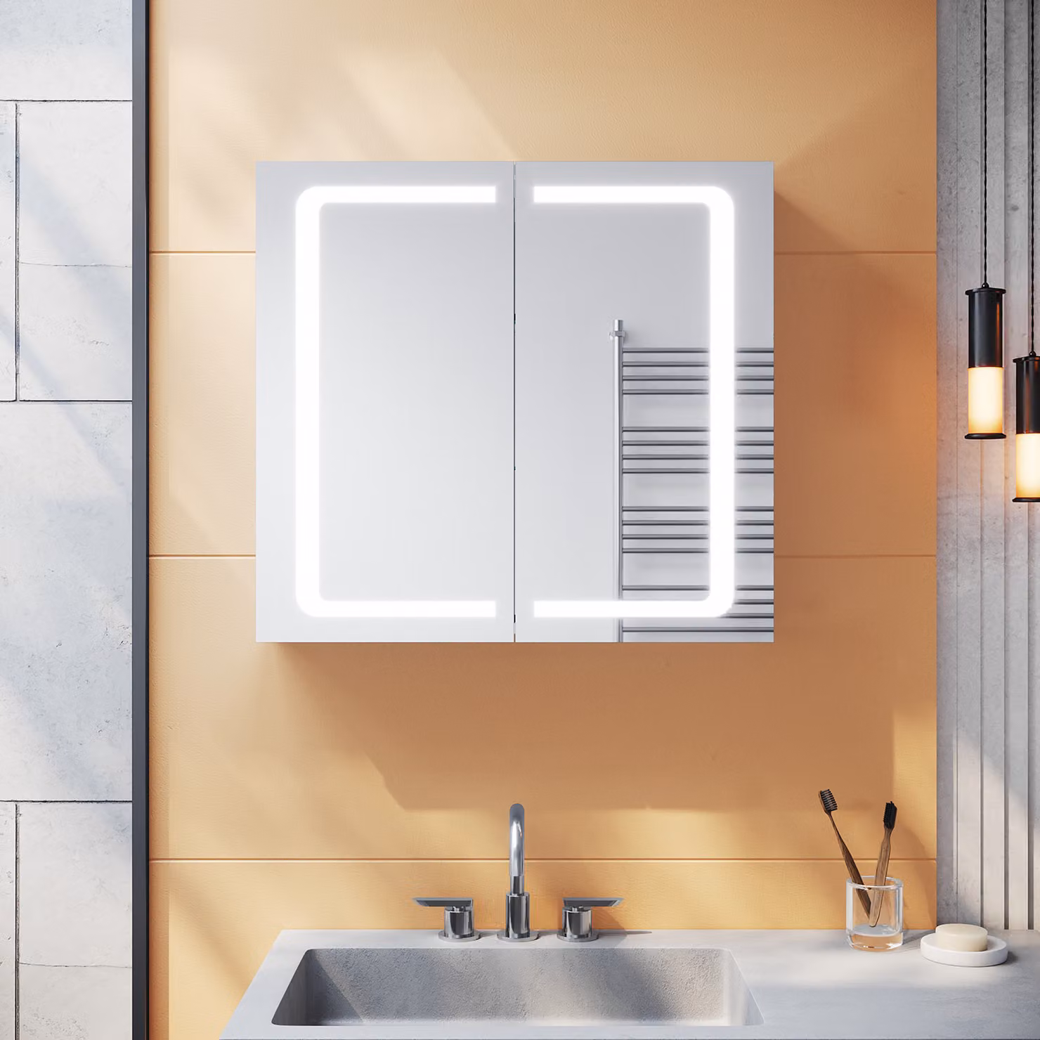 SONNI 70x65x13cm armadietti a specchio LED in acciaio inox con interruttore a levetta e presa per rasoio