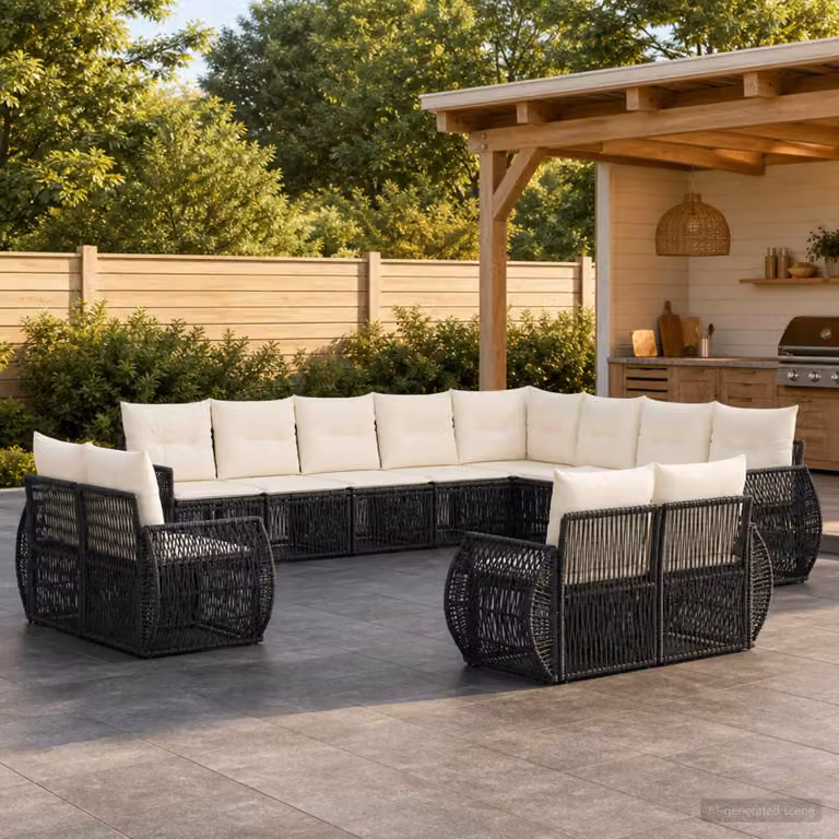 Set Divano da Giardino a L vidaXL 13 pz Nero e Bianco con Cuscini e Struttura in Metallo