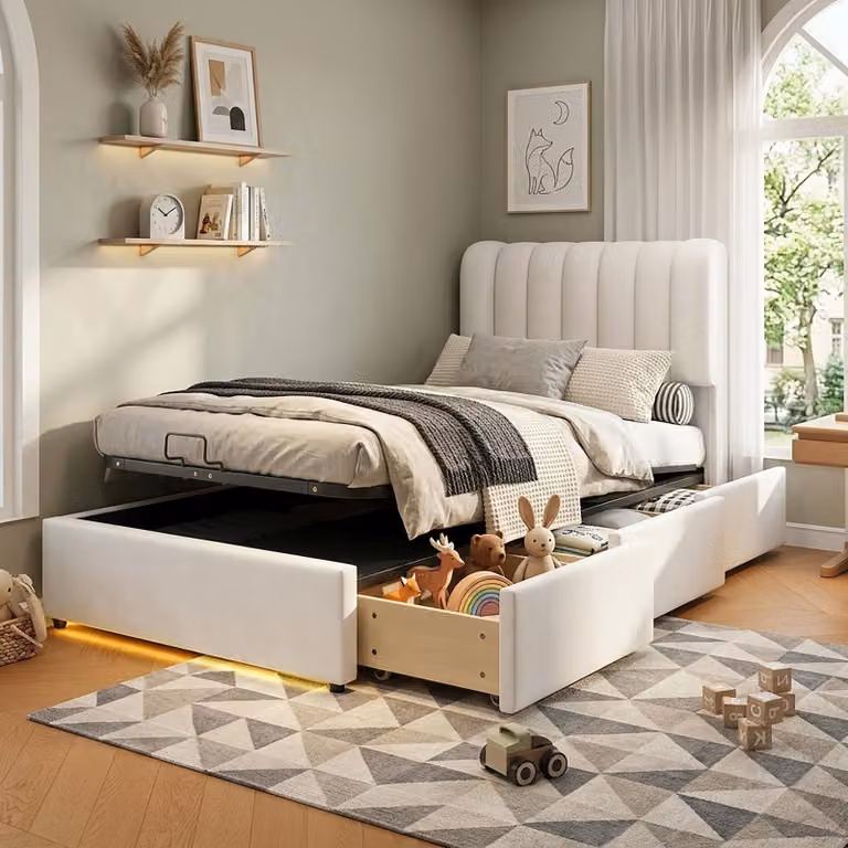 Letto imbottito idraulico 90x200 cm con spazio contenitore, letto per bambini/ragazzi con testiera in ecopelle e 3 cassetti, letto singolo in legno con rete a doghe, rivestito in velluto, color beige