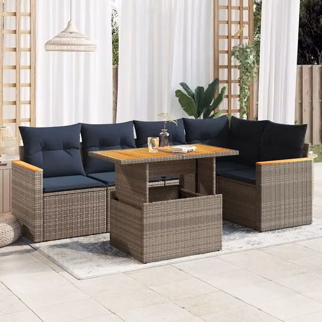 Set Divano da Giardino a L con Cuscini vidaXL, 6 Pezzi in Polyrattan Grigio e Blu con Tavolino e Struttura in Acciaio – 1