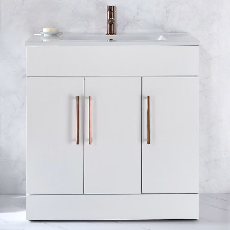 Mobile Bagno a Terra Bianco da 810mm con Lavabo e Maniglie con Barra a T in Bronzo Spazzolato - Cluo