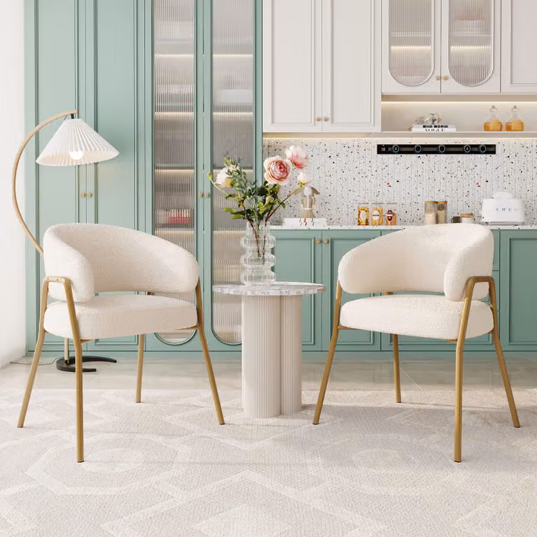 Set di 2 sedie imbottite Flieks, sedia da soggiorno con gambe in metallo, sedia da sala da pranzo poltrona con rivestimento in velluto d'agnello, sedia da cucina sedia da trucco, bianco