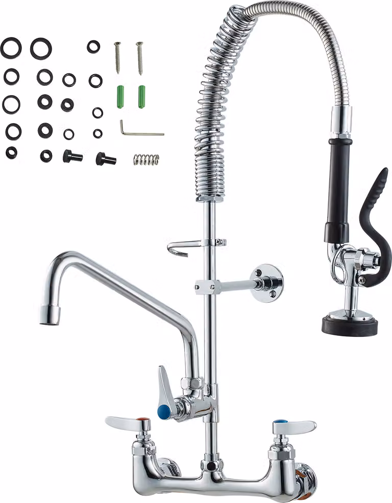 Rubinetto commerciale SucceBuy con doccetta prelavello, altezza 63,5 cm, centro 20,3 cm, bocca girevole 30,5 cm, a parete, in ottone, doccetta estraibile, per lavello a 1/2/3 scomparti