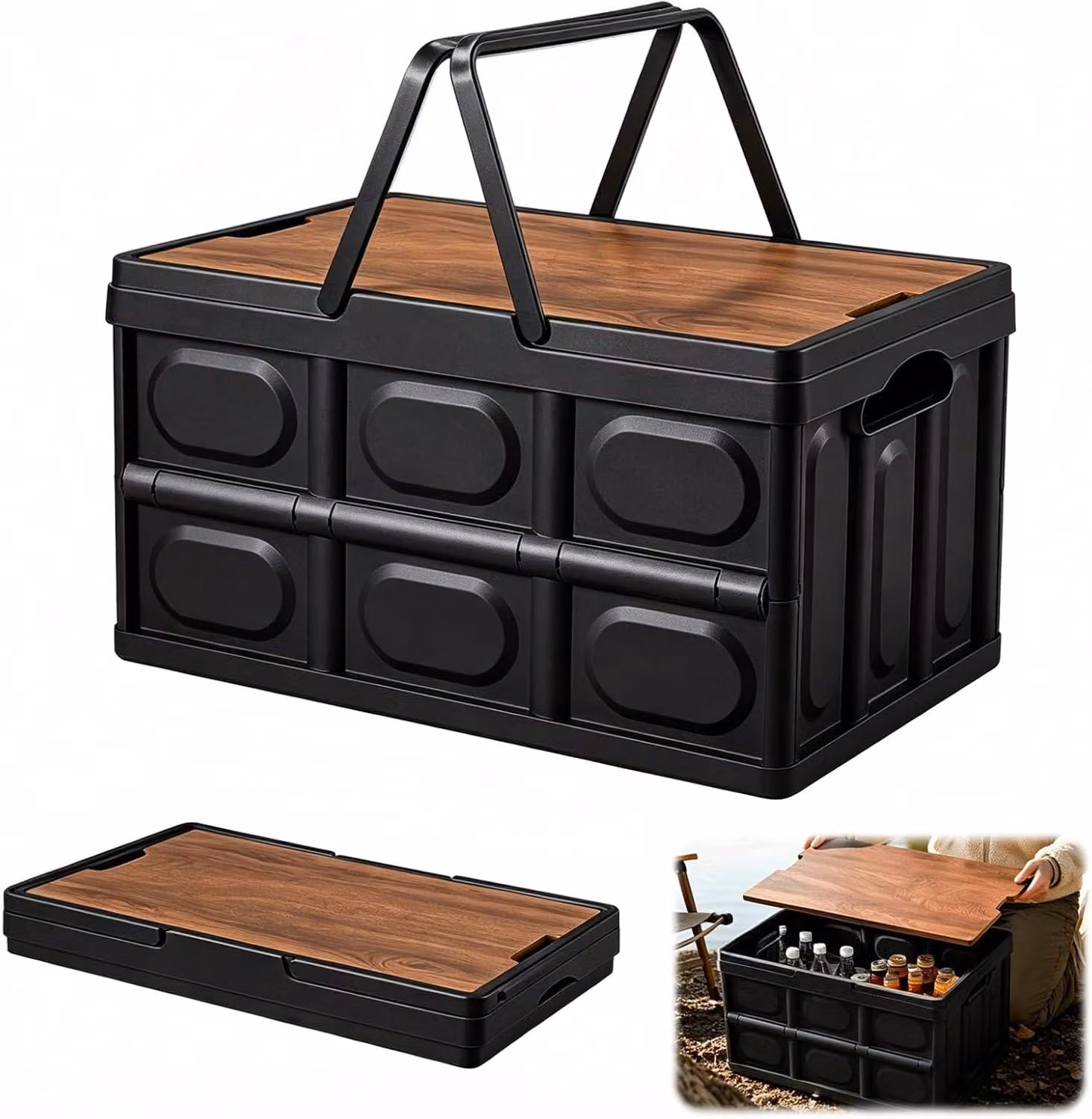 Contenitore pieghevole con coperchio, capacità 30 litri, ideale per il campeggio, realizzato in PP e legno, colore nero, dimensioni 43x30x24 cm