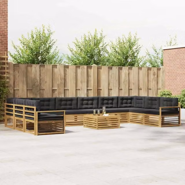 Set di divani da giardino a L con tavolo da caffè vidaXL in legno di acacia marrone e nero con cuscini inclusi