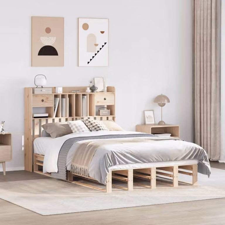 Letto con libreria e scomparti laterali vidaXL in legno di pino massiccio color marrone stile rustico L: 190 cm, P: 141 cm, H: 110 cm