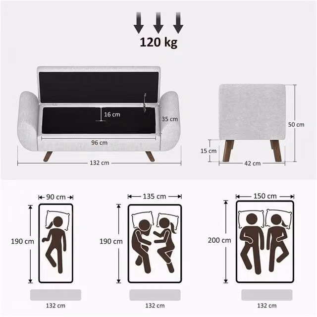 PANCA CONTENITORE FONDO LETTO CON BRACCIOLI IN TESSUTO GAMBE IN LEGNO E VANO DA 53.8L 132X42X50 CM GRIGIO