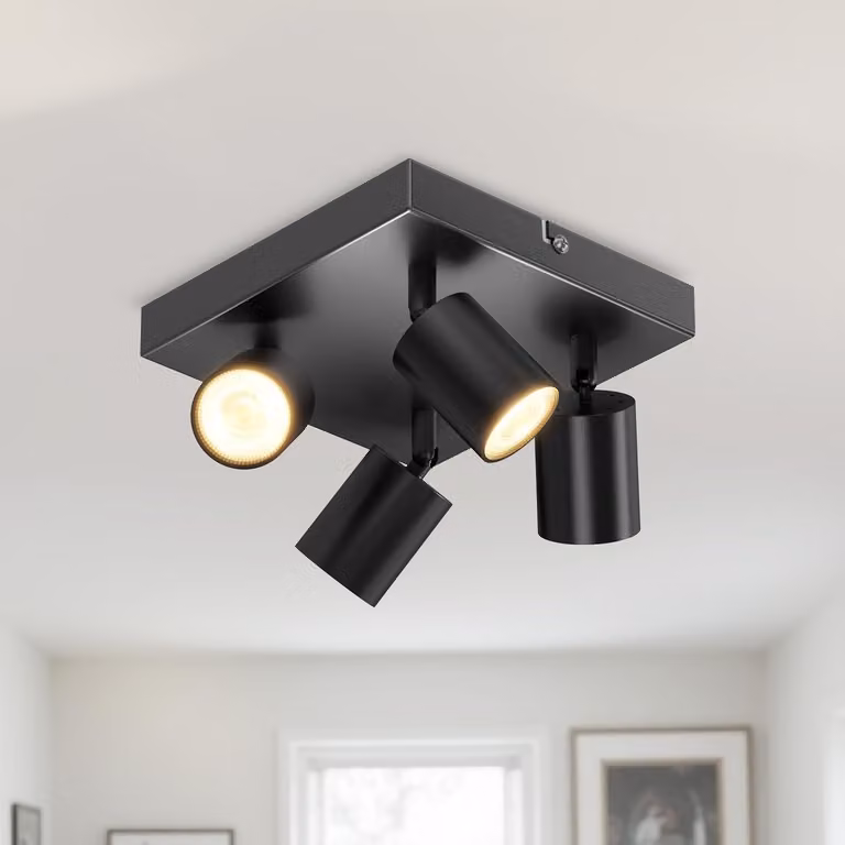 LVWIT Plafoniera LED nera, 4 luci, quadrata - Plafoniera LED in metallo, orientabile, lampada da soffitto GU10, faretti - Moderna plafoniera a faretti per cucina, soggiorno, camera da letto (senza lampadine)