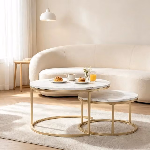 Set 2 Tavolini da Salotto Rotondi a Nido, Elegante Struttura, Ideali come Tavolino da Caffè o Appoggio per Soggiorno