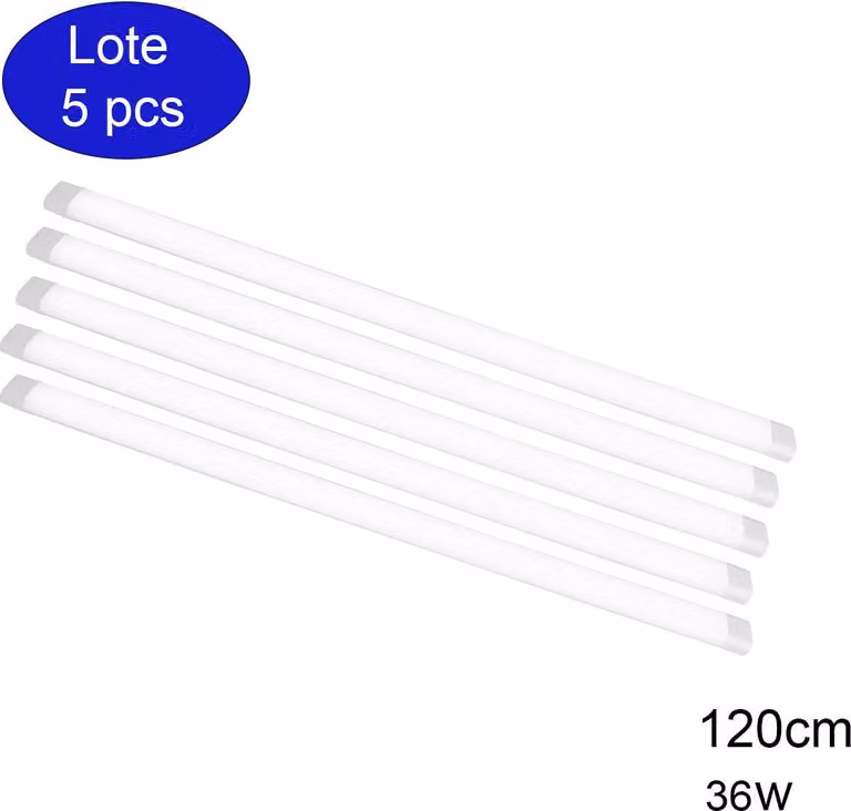 confezione da 5 luci LED 120 cm 36 W 4500 lm 6000 K Bianco freddo, alloggiamento bianco, diffusore opaco antiabbagliamento.