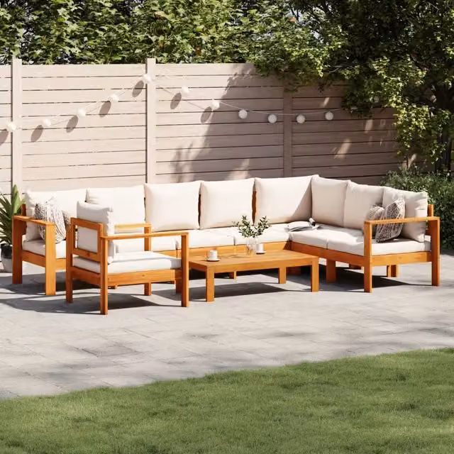 Set Divano da Giardino a L vidaXL in Legno di Acacia con Cuscini Beige e Bianco, 6 Pezzi