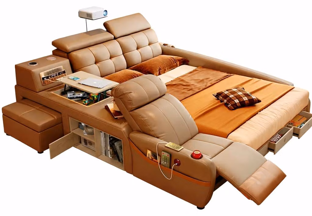 Letto multifunzionale in stile moderno con struttura in legno color marrone, morbido