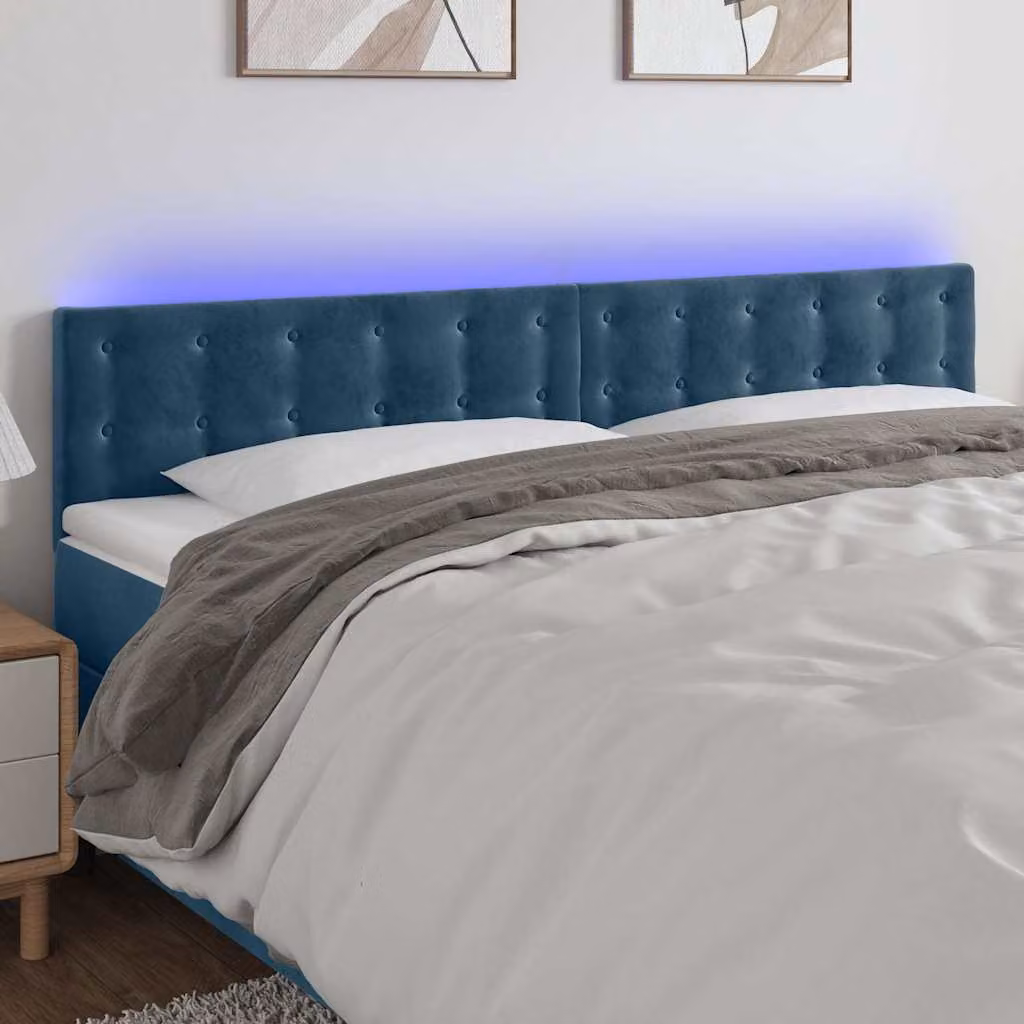 Testiera per letto vidaXL in tessuto blu con illuminazione LED integrata e porta di ricarica USB, L: 160 cm, P: 5 cm, H: 78-88 cm