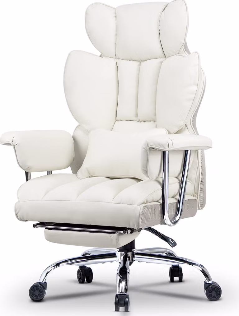 Sedia da ufficio con poggiapiedi - Sedia da scrivania ergonomica con cuscino di supporto lombare - Sedia direzionale grande in Finto cuoio con schienale alto - Bianco