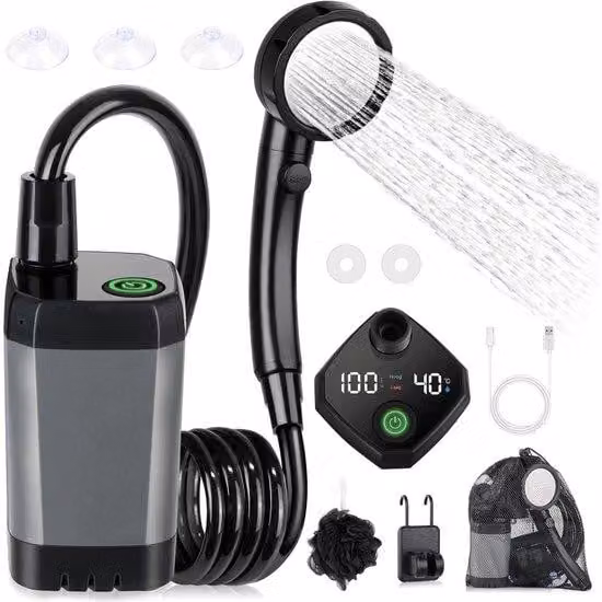 Doccia da campeggio portatile - Con pompa dell'acqua e indicatore di temperatura - Set doccia da esterno - Include soffione e tubo flessibile - Adatta per giardini, lavaggio auto, spiagge, viaggi, cani, ecc. - 6000 mAh
