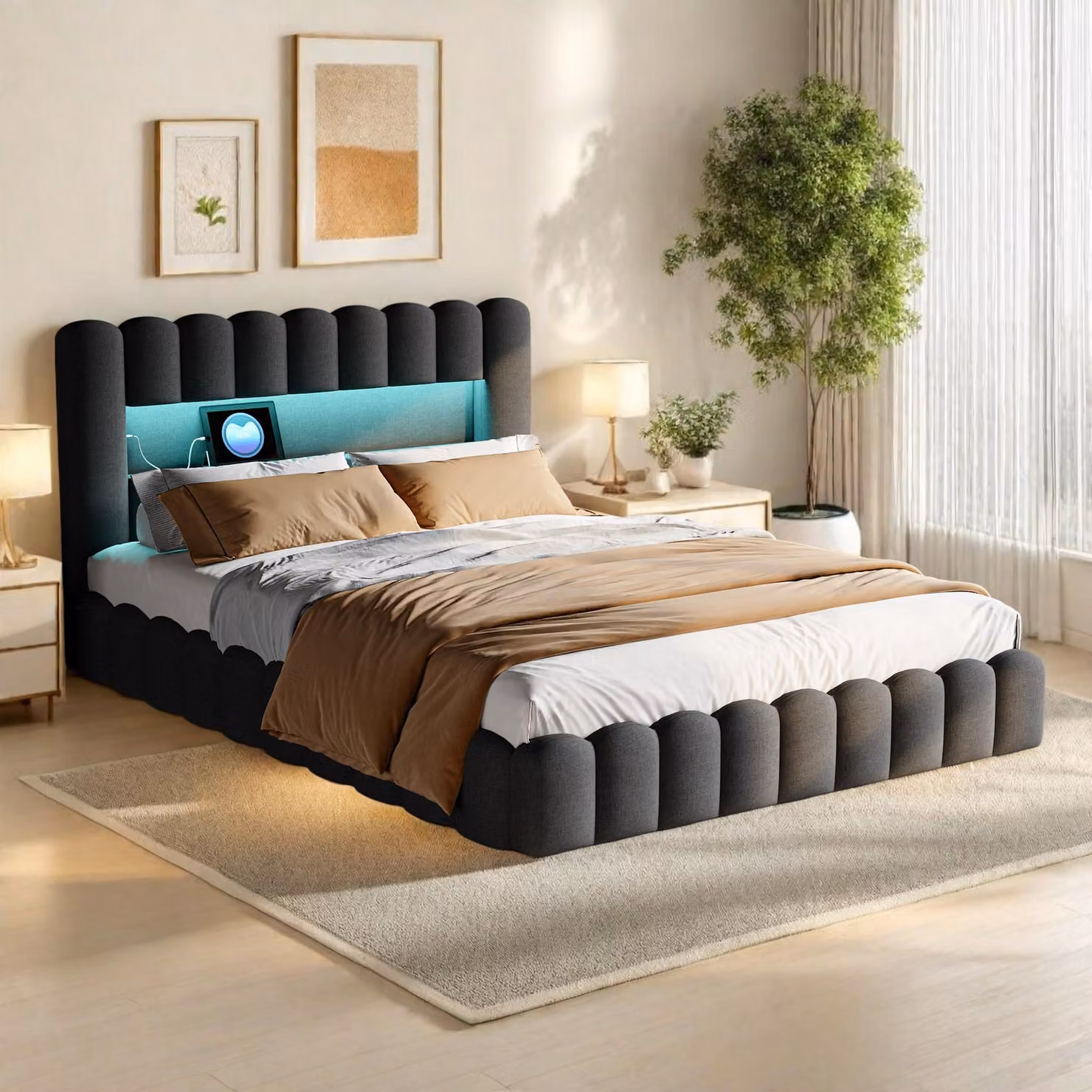 Letto imbottito Bubble Bett 160x200 con struttura a LED e funzione di ricarica USB, letto con spazio contenitore ad apertura idraulica e rete a doghe, letto matrimoniale grigio effetto lino, senza materasso