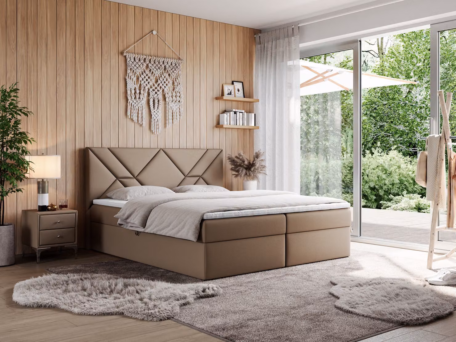 Letto boxspring MKS MEBLE 140x200 con materasso H4 e contenitore, letto matrimoniale con contenitore e topper, letto imbottito 140x200 con testiera - NEOMI - Pelle finta marrone - H4