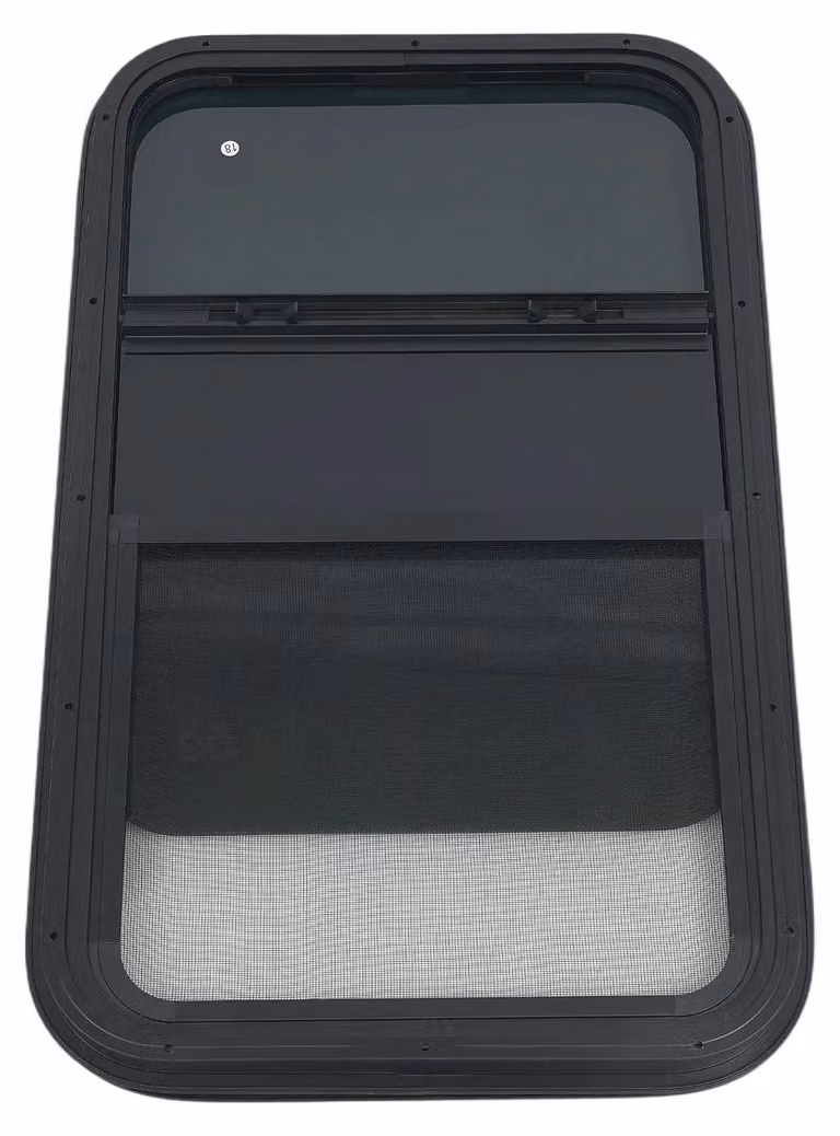 Finestre per camper/roulotte - Finestra scorrevole verticale con angoli arrotondati - Apertura di 45x75 cm - Vetro di sicurezza temperato da 4 mm, colore nero - Telaio in alluminio - Adatta per pareti di 6 mm di spessore