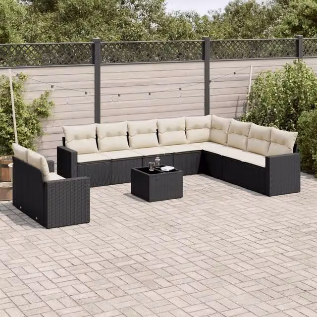 Set di Divani da Giardino VIDAXL in Polyrattan Nero con Cuscini, 11 Pezzi – 1