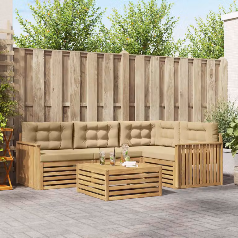 vidaXL Set di divani da esterno 5 pezzi in legno di acacia con cuscini, Bianco e Beige