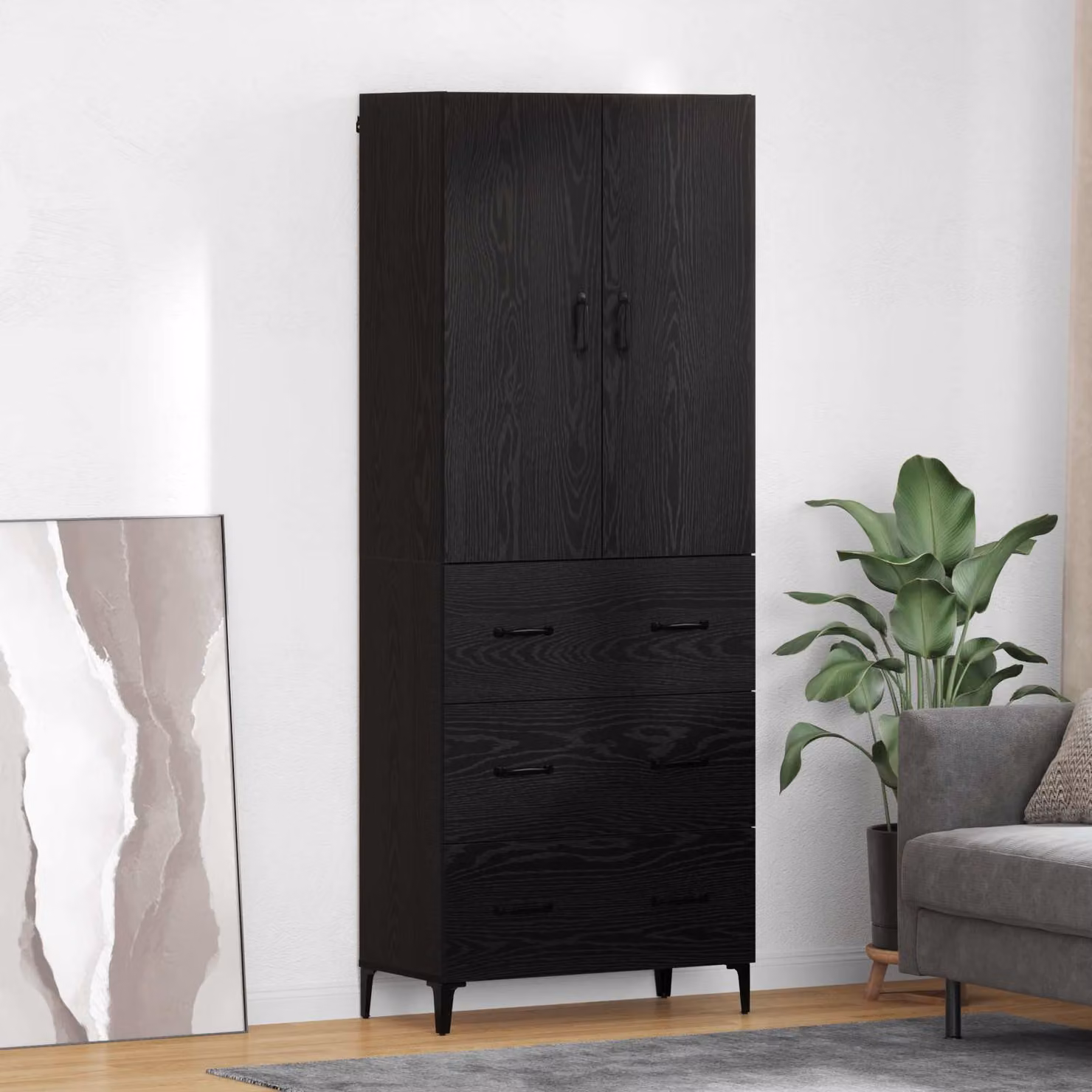 vidaXL Credenza Moderna in Legno e Metallo Nero con Ripiani e Cassetti L: 69,5 cm, P: 34 cm, H: 180 cm