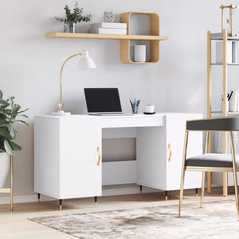 Scrivania bianca vidaXL in legno e metallo per ufficio o camera da letto L: 140 cm, P: 50 cm, H: 75 cm