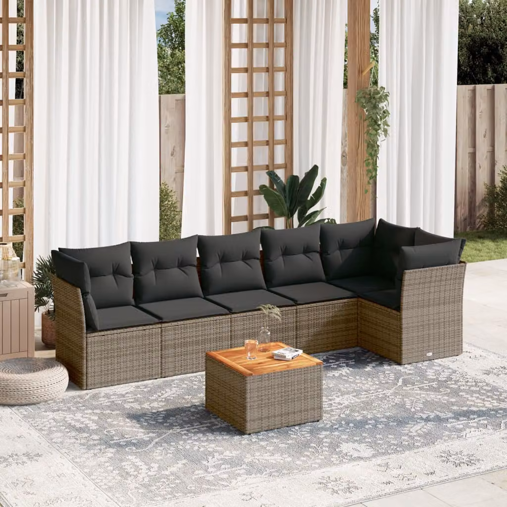 Set Divani da Giardino vidaXL 7 Pezzi in Polyrattan con Cuscini e Tavolino da Caffè, Design Moderno a L, Colore Grigio e Marrone – 1