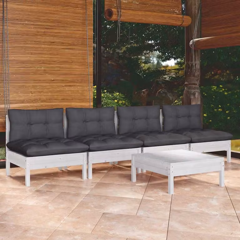 Set Divani da Giardino vidaXL 5 Pezzi in Legno di Pino con Cuscini Antracite e Bianco