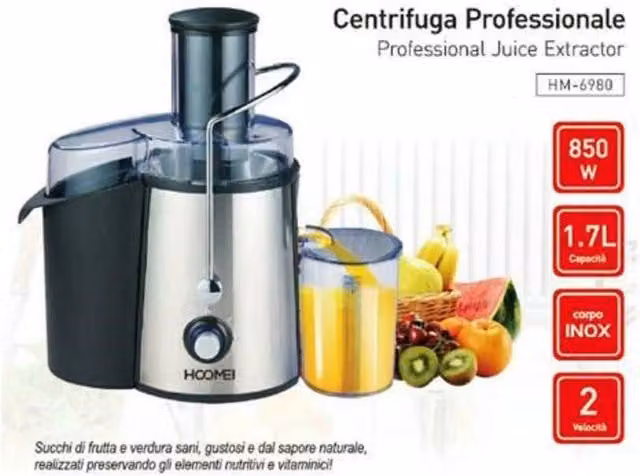 Centrifuga Estrattore di Succo Hoomei HM-6980 per Frutta e Verdura, 850 Watt, Capacità 1,7 Lt, Nero e Argento