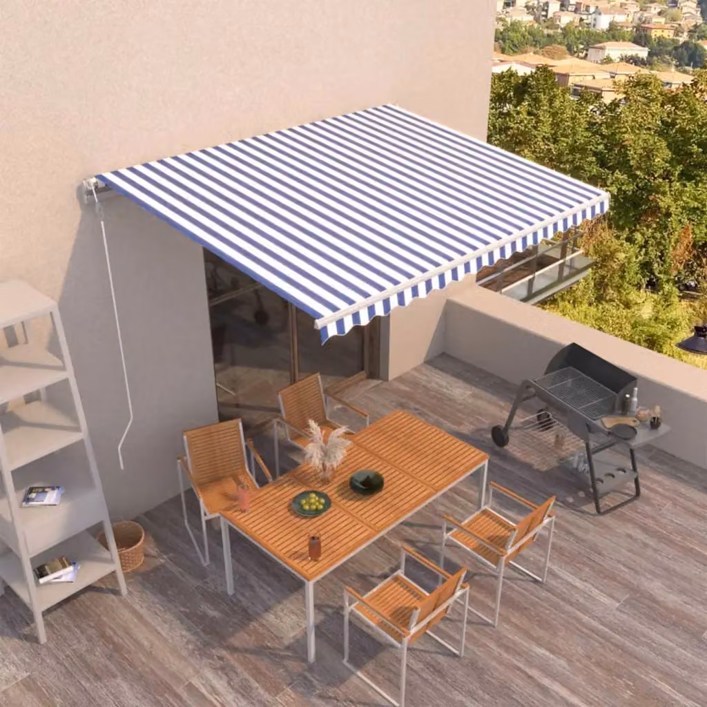 Tenda da Sole Retrattile Automatica vidaXL con Telecomando in Alluminio e Poliestere, Blu e Bianca, L: 400 cm, P: 350 cm