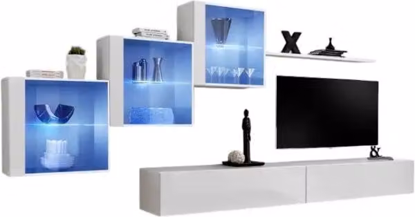 Composizione murale SWITCH XX – Doppio mobile TV, cubi con vetrina LED e scaffale – Bianco lucido – Design moderno