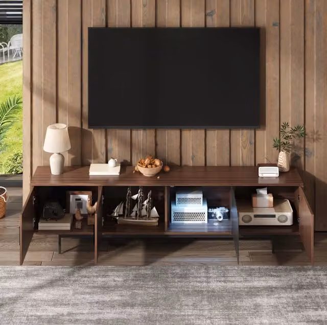 Mobile TV moderno MODFU con illuminazione integrata, nero e marrone, L 200 cm x P 35 cm x H 53 cm