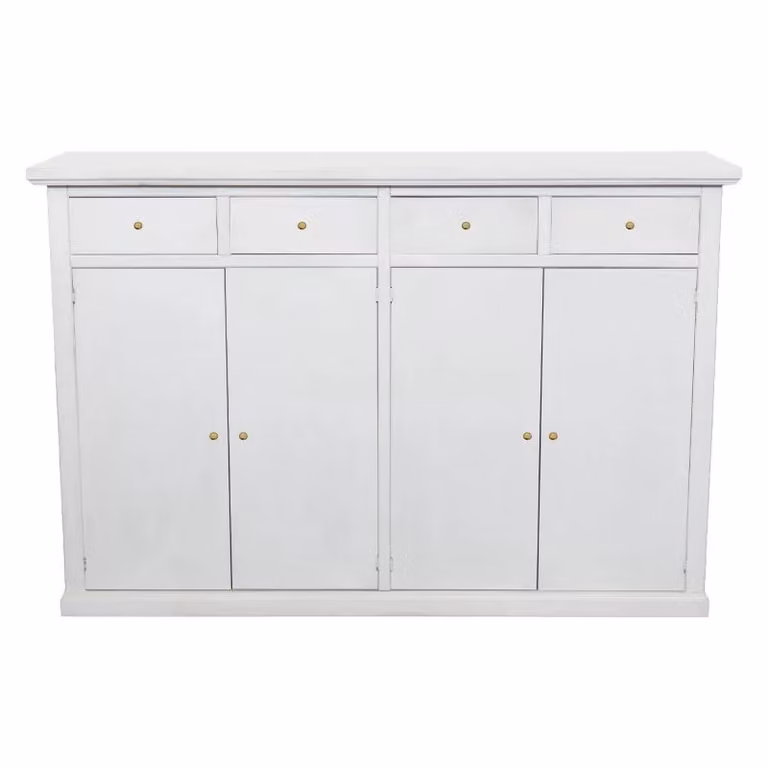 Madia credenza in legno di pino stile shabby chic bianco anticato con 4 porte e 4 cassetti Mobili 2G L: 160 cm, P: 35 cm, H: 110 cm