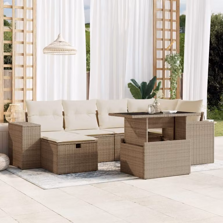 vidaXL Set Divani da Giardino 7 pz in Polyrattan Beige con Cuscini e Tavolino