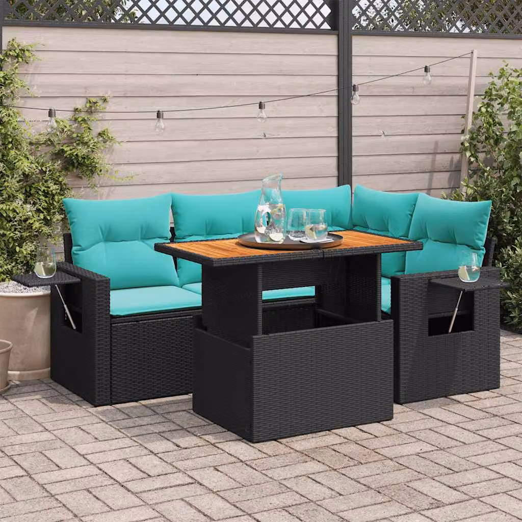 Set Divano da Giardino a L vidaXL in Polyrattan Nero con Cuscini Blu e Tavolino da Esterno