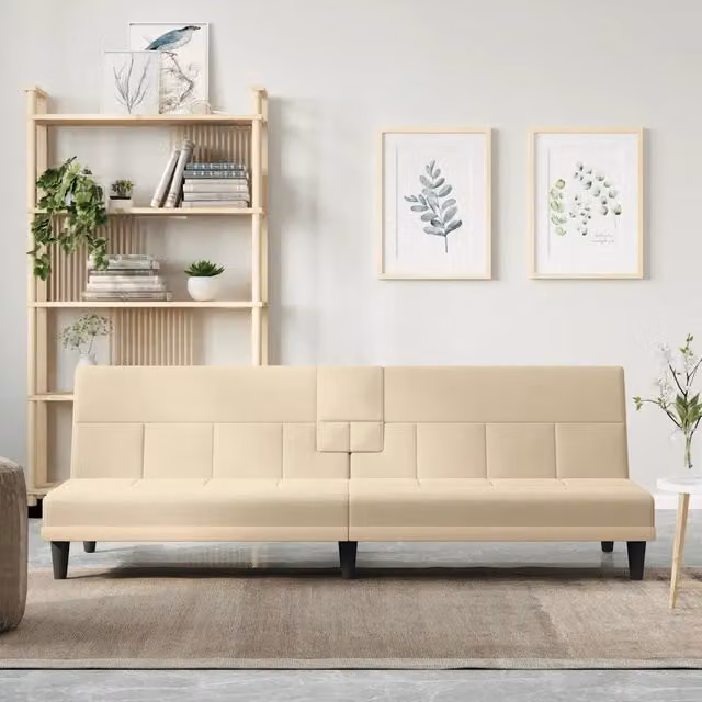 Divano Letto Click Clack vidaXL in Tessuto Beige con Portabicchieri e Ricarica USB, L/P/H: 140 x 200 cm – 1