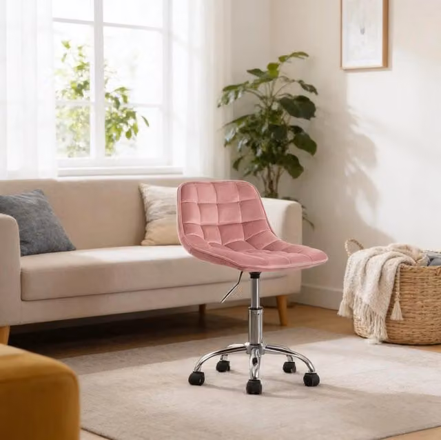 Sgabello da ufficio ULEVR in velluto rosa, girevole 360¡ã e regolabile in altezza 40-47,5 cm con ruote