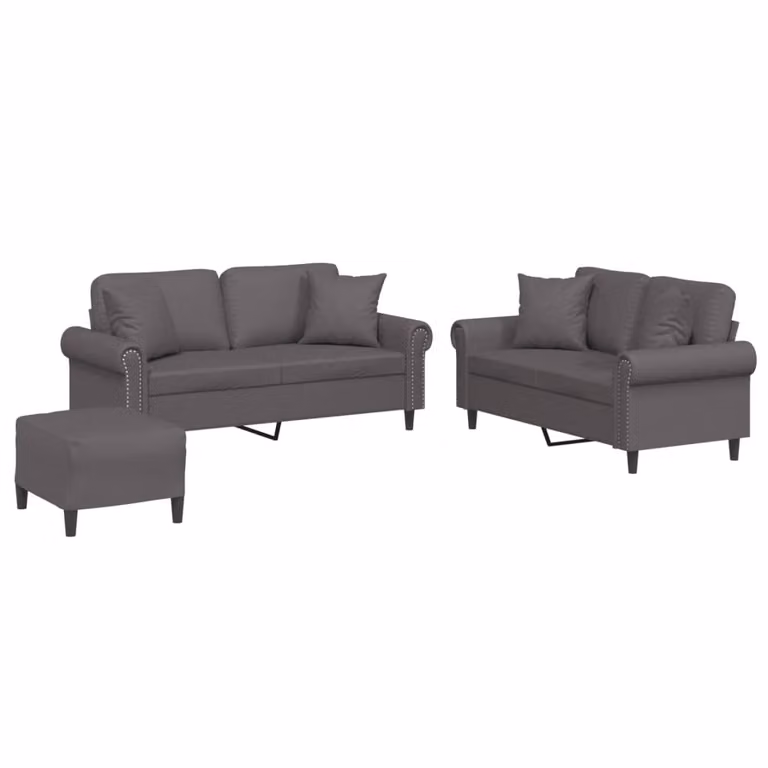 Set di Divani 3 pz con Cuscini Grigio in Pelle finta