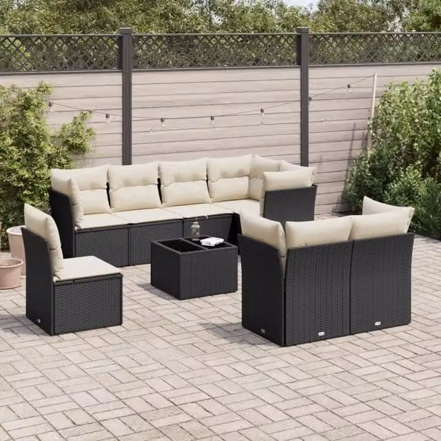 Set Divani da Giardino 9 pz con Cuscini Nero in Polyrattan 3217936