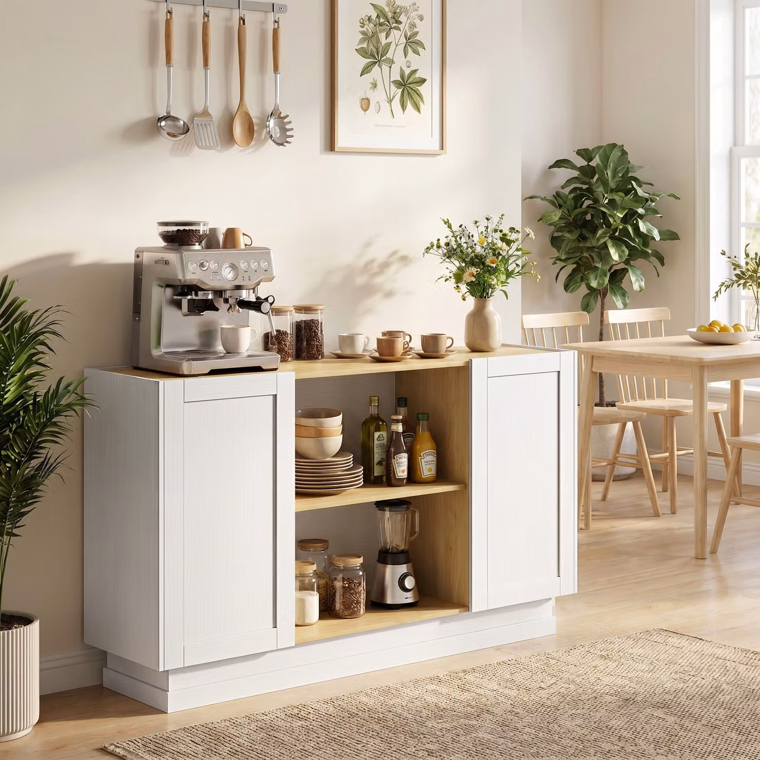 Credenza HOMCOM in legno bianco rustico con 2 ripiani aperti e 2 armadietti, L: 130 cm – 2