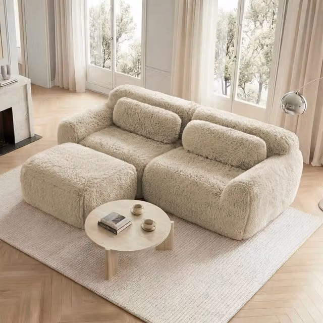 Divano angolare modulare 2 posti con pouf collegabile seduta ampia senza montaggio in tessuto peluche cachi chiaro